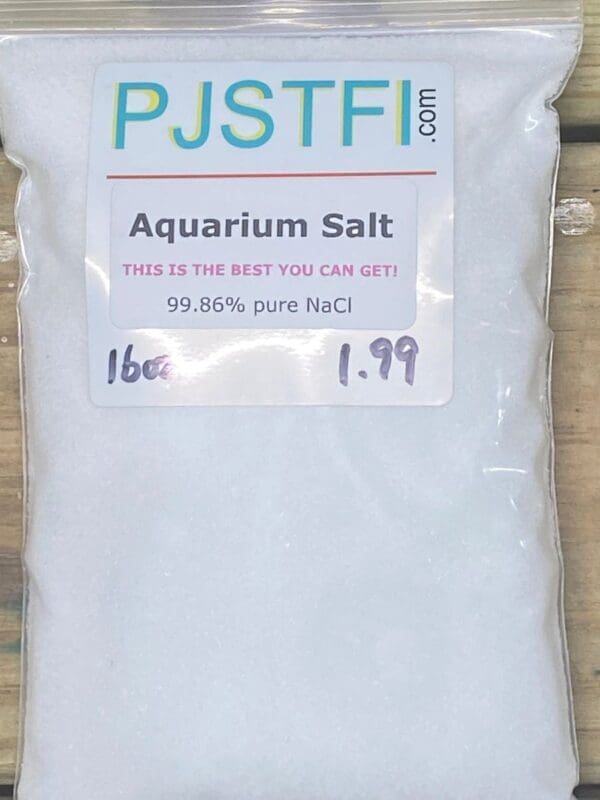 A bag of aquarium salt is sitting on the floor.